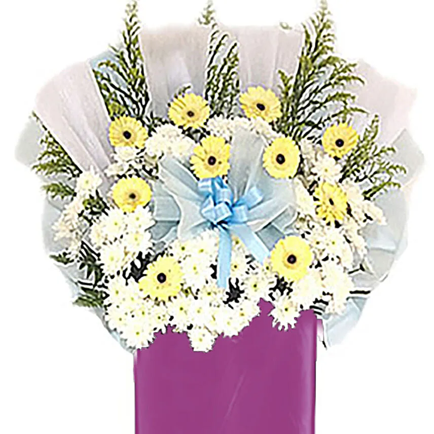 Cream Gerberas White Pom In Lovely Pink Stand