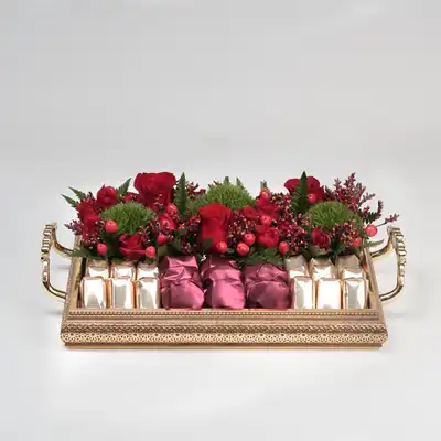 Luxurious Golden Tray of Exotic Mixed Flowers & Premium Chocolates