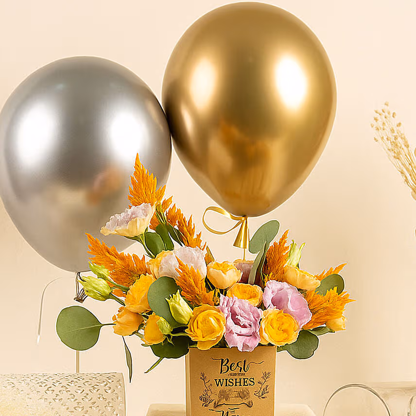Best Wishes Flowers with Mono Cake & Balloons
