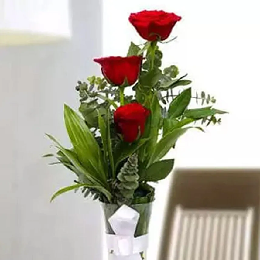 Beauty of 3 Red Roses & Fruit Cake