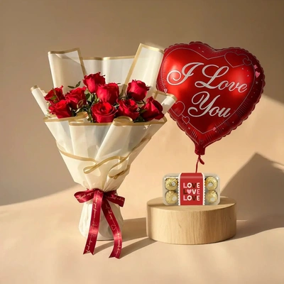 Elegant Valentine's Day 9 Red Roses - With Chocolate N Balloon