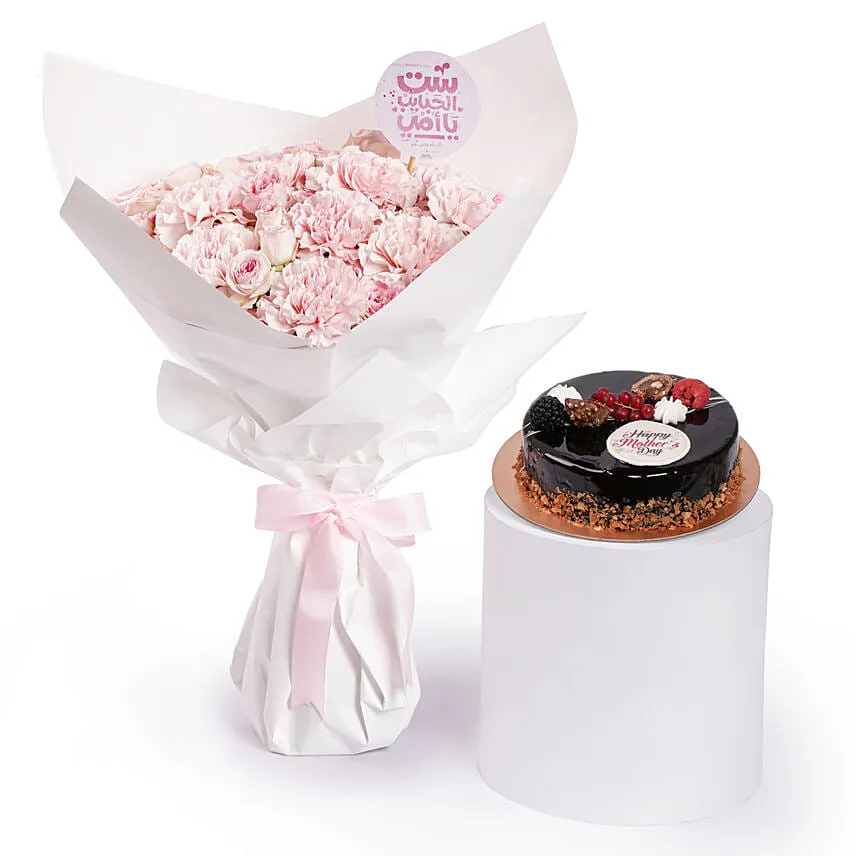Mothers day Roses and Carnation Bouquet with Hazelnut Cake