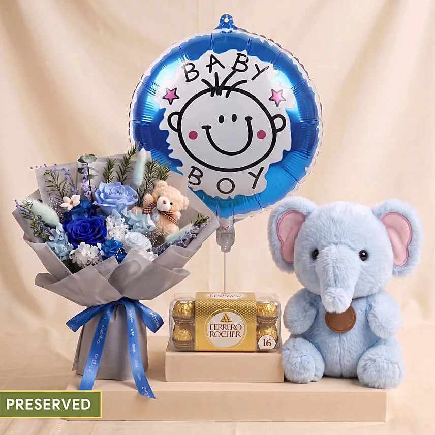 Preserved Roses Bouquet with Teddy Bear for Baby Boy