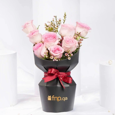Lovers Bloom: Elegant 8 Pink Roses Bouquet with Wax Flower