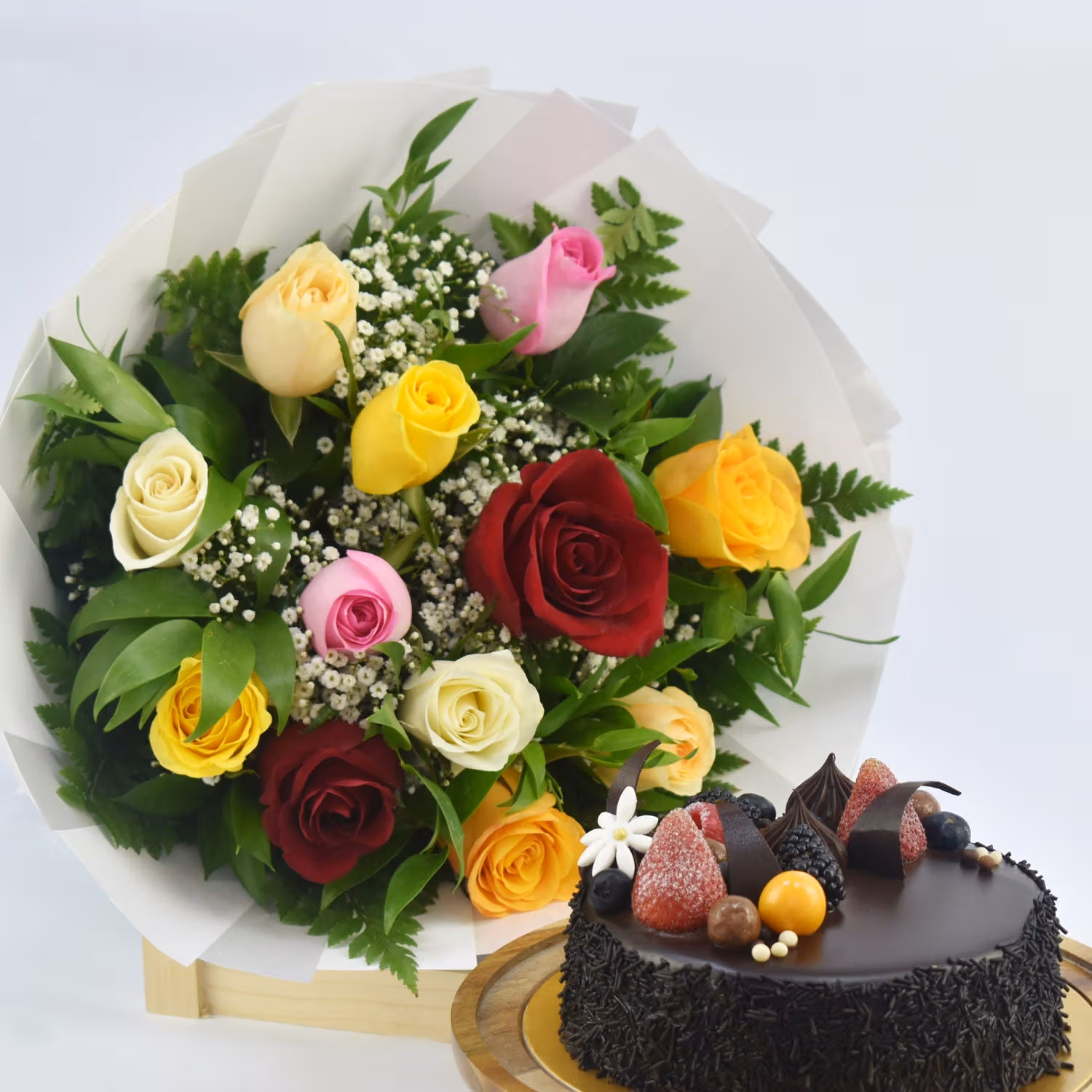 Elegant Bouquet of Multicolor Roses with Decadent Chocolate Fudge Cake