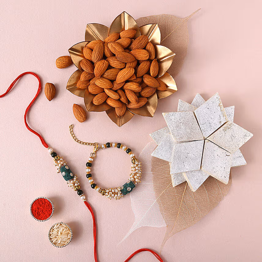 Sneh Pearl Rakhi Set With Kaju Katli & Almonds