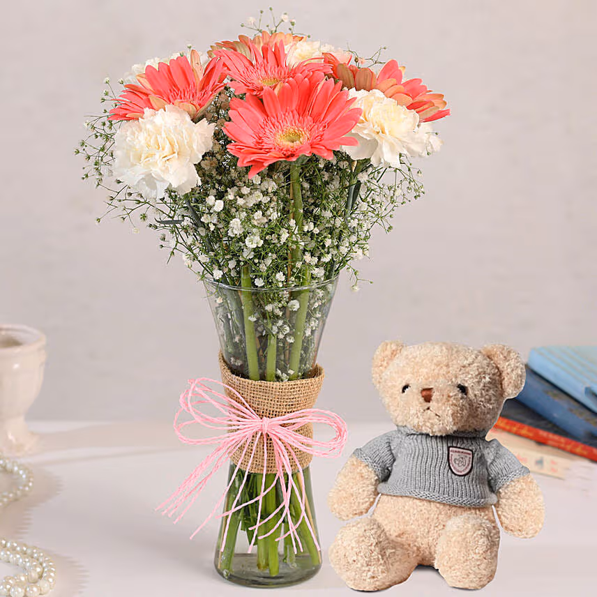 Gerberas White Carnations In Glass Vase with Teddy Bear