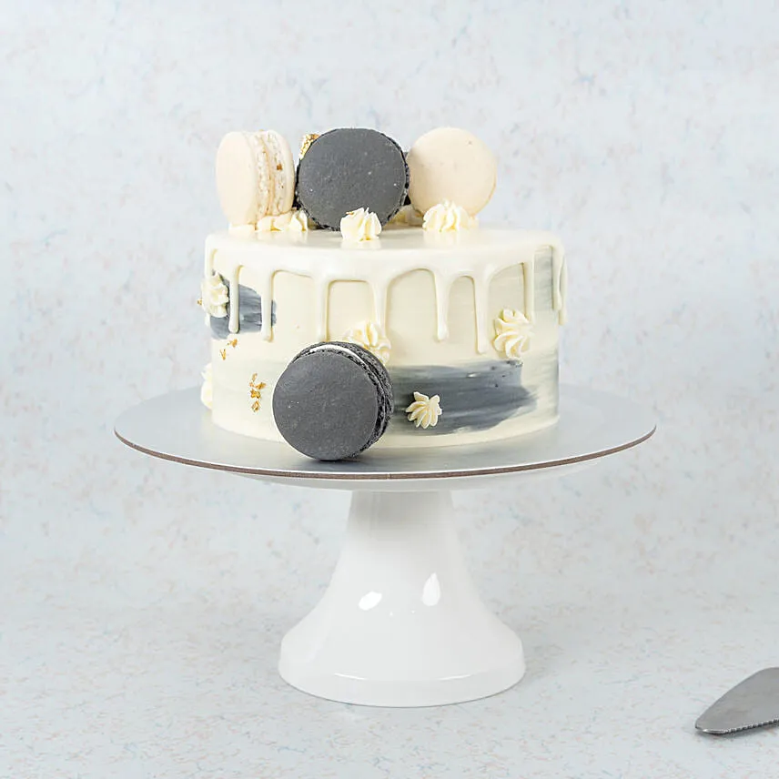 Grey and White Macarons Black Chocolate Cake 6 inch