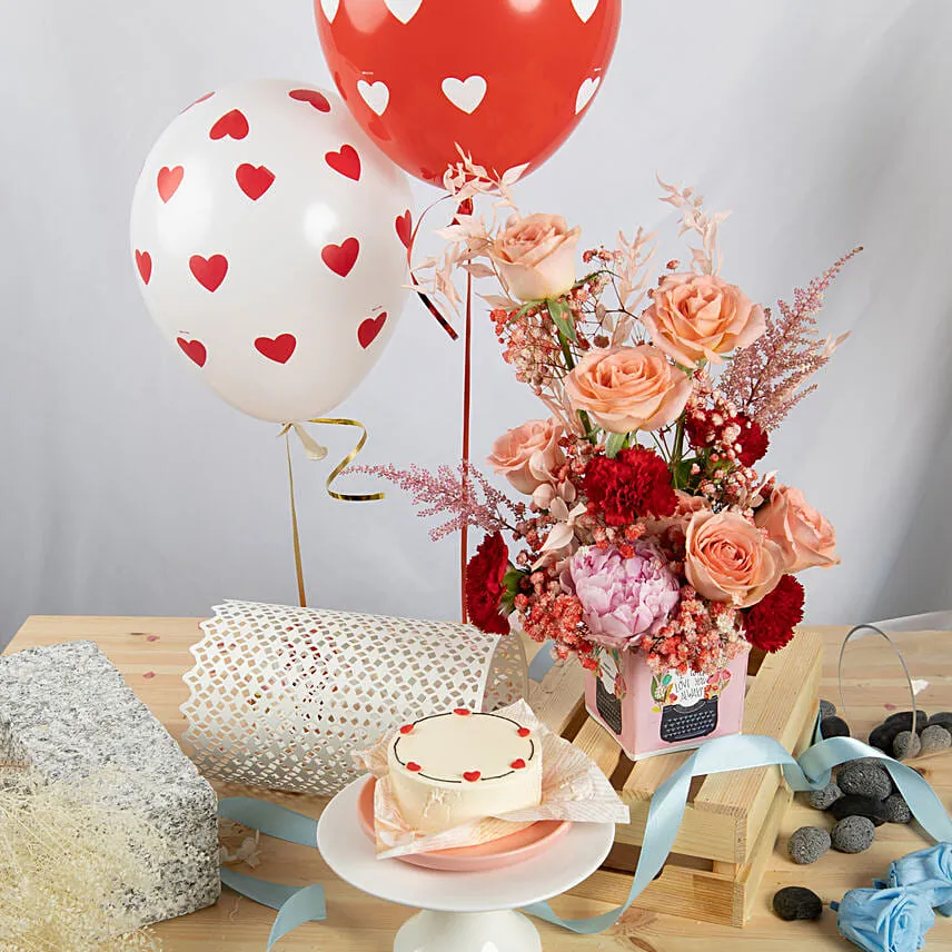 Anniversary Love Flowers with Cake and Balloons
