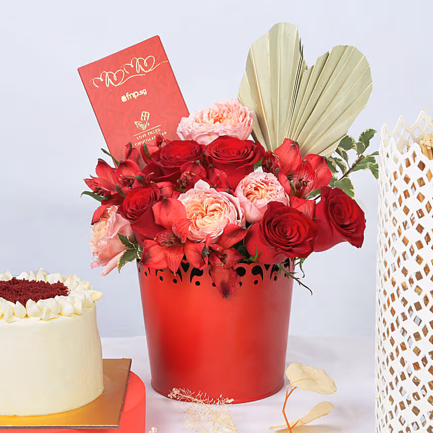 Flowers and Red Velvet Cake Combo
