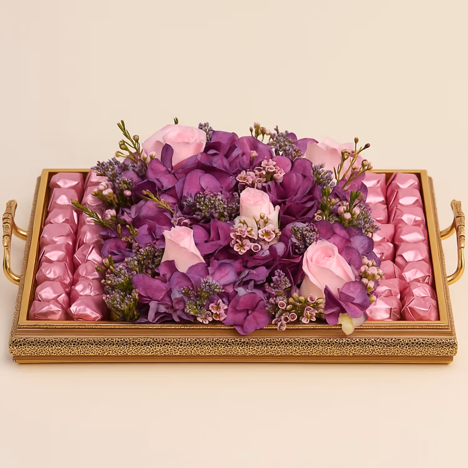 Elegant Mixed Flowers and Chocolates on a Luxurious Golden Tray