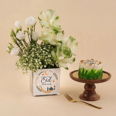 Eid Mubarak White Rose & Lisianthus Bouquet with Vanilla Mini Cake
