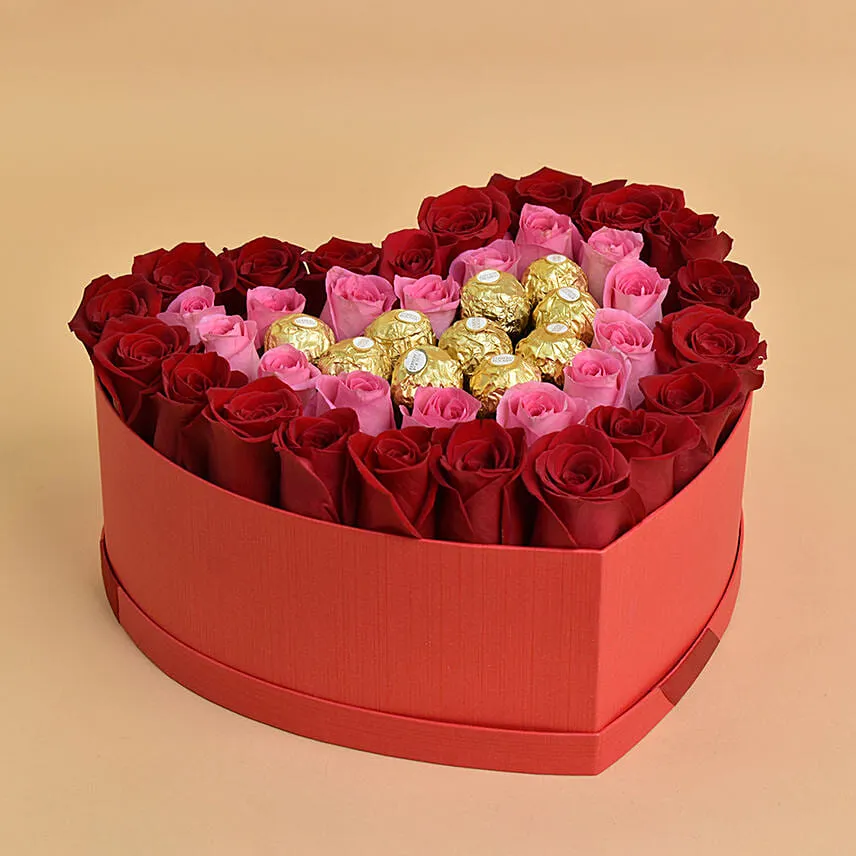 Roses and Chocolate In a Heart Shaped Box With I Love You Balloon