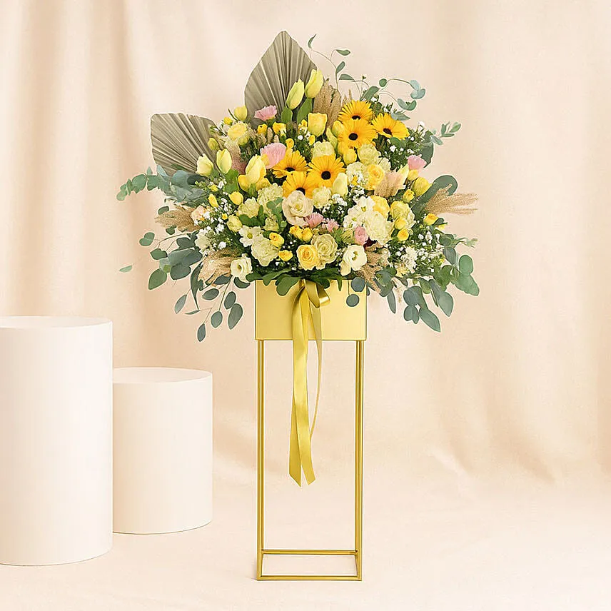 Graceful Mixed Flowers Golden Stand