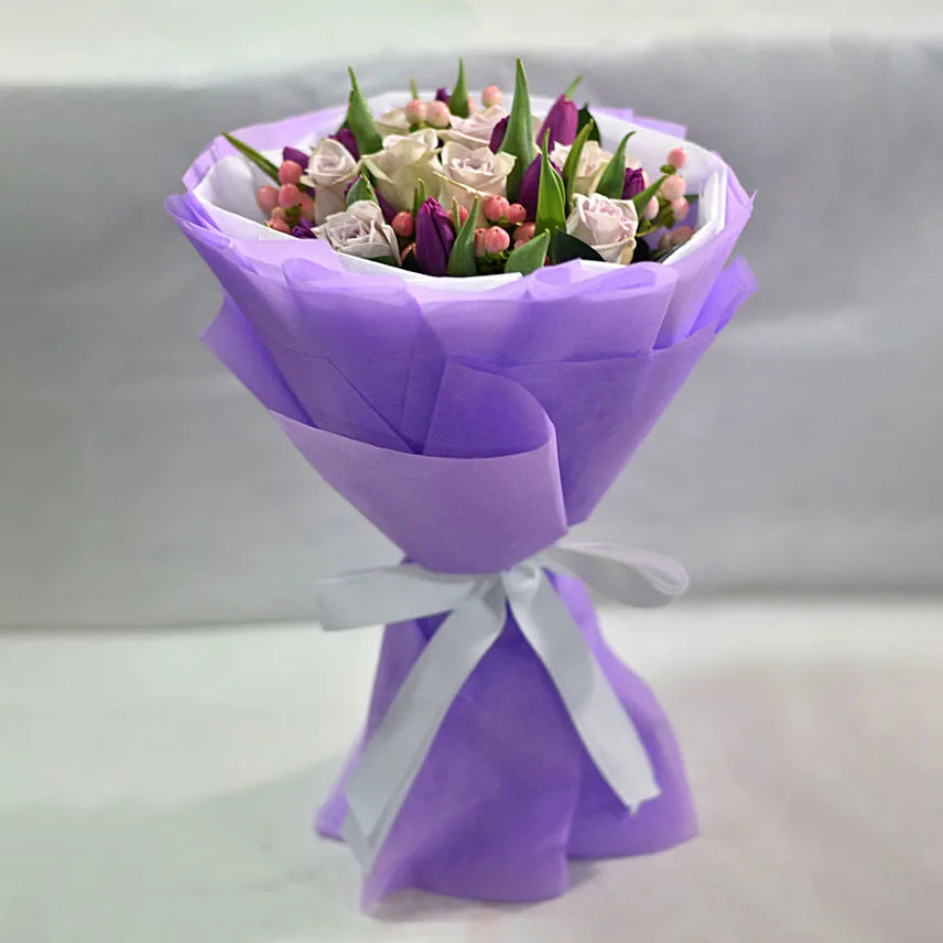 Tulips Roses Elegant Bouquet With Teddy Bear
