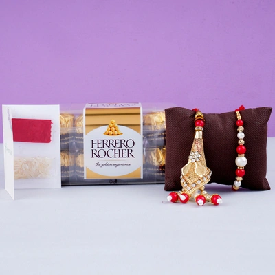 Luxurious Fancy Lumba Rakhi Set with 16 Ferrero Rocher Chocolates