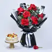 Elegant Red Roses Bouquet with Fresh Mix Fruit Cake - 4 Portion