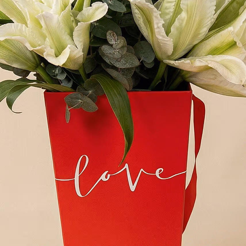 Radiant White Lily & Red Love Box Arrangement