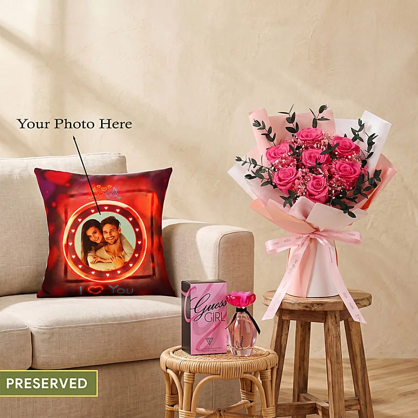 Preserved Roses, Perfume and Personalised Cushion