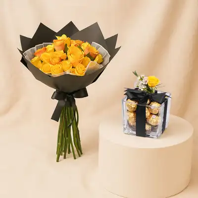 Yellow n Orange Flower Bouquet Combo - With Chocolate