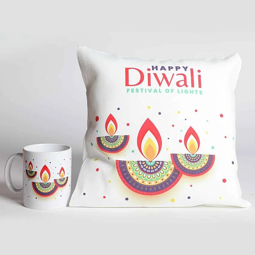 Happy Deepavali Designer Diya Cushion And Mug