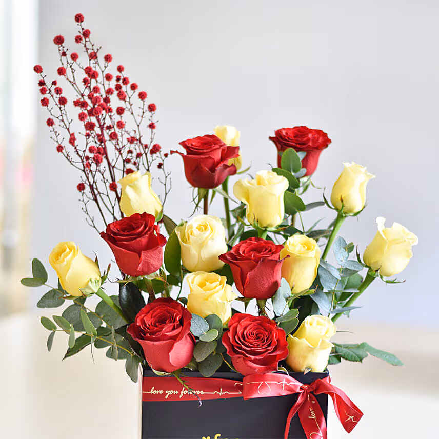 Mixed Red & Yellow Roses Flower Box
