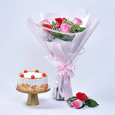 Charming Pink & Red Roses Bouquet with Delightful Butterscotch Cake