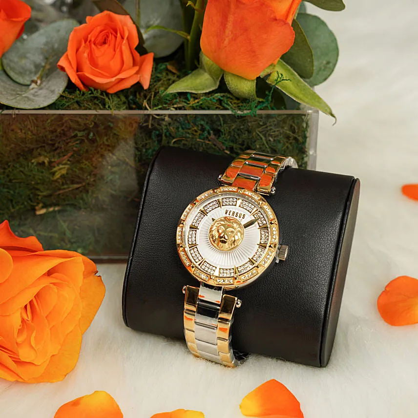 Beautiful Gift Arrangment Of Fresh Flowers With Golden Versus Versace Watch For Her