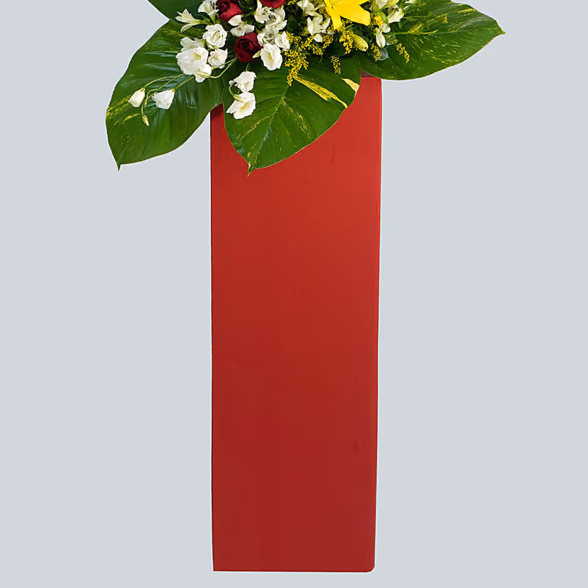 Magnificent Mixed Flowers Red Cardboard Stand