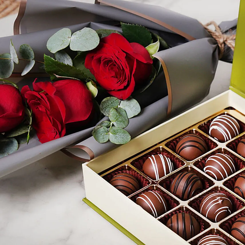 Chocolate Truffles and Bunch of 3 Red Roses