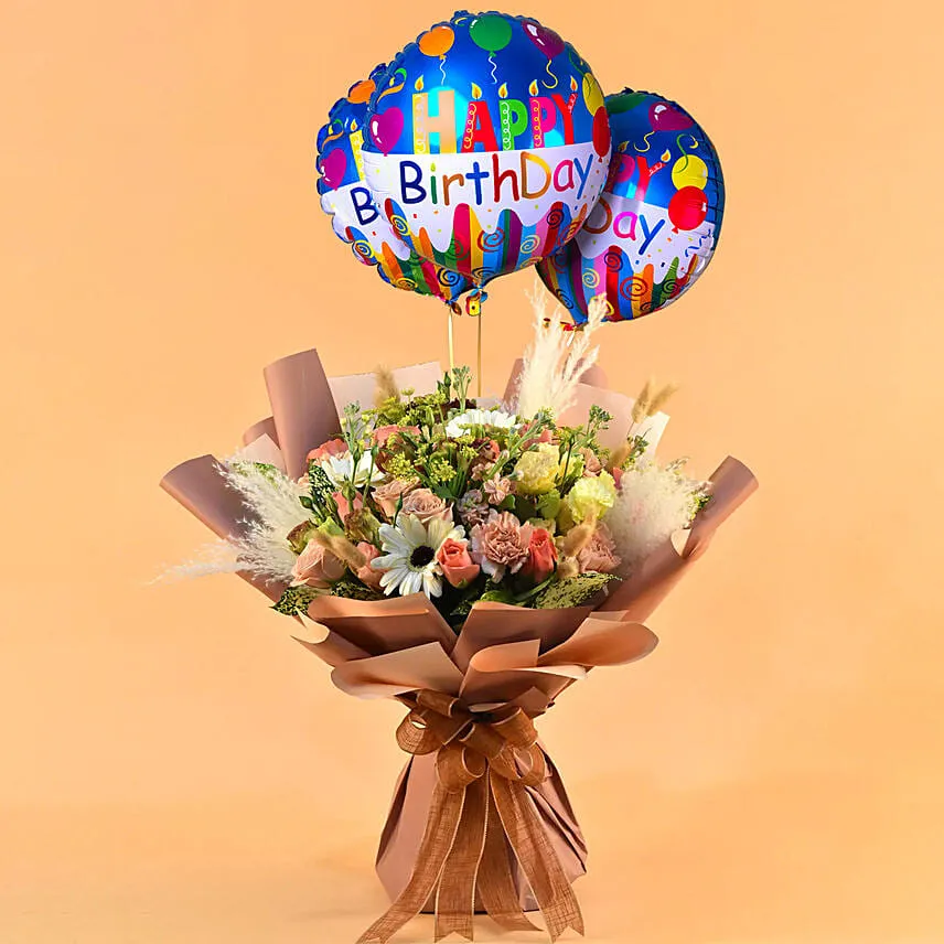 Glamorous Blooms Bouquet with Birthday Balloon Set
