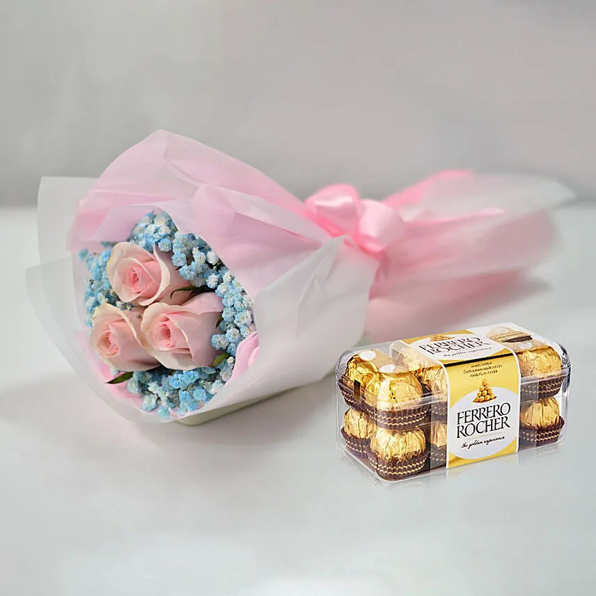 Lovely Pink Rose Baby Breath Bouquet With Ferrero Rocher