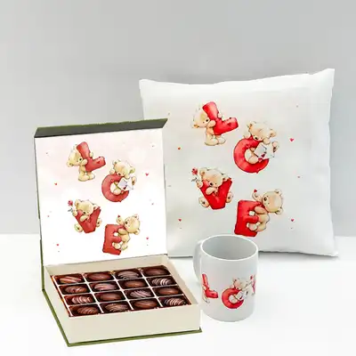 Delightful Valentine Love Combo: Cushion, Mug, and Belgian Chocolates
