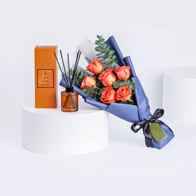 Exquisite Orange Roses Bouquet with The Opal Reed Diffuse - Opal Reed Diffuser