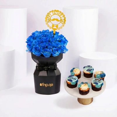 Elegant Blue-Sprayed Roses & Chocolate Cupcakes for Father's Day