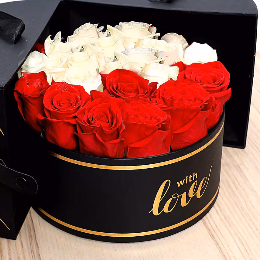 Floral Box Of Red N White Roses With Ferrero Rocher