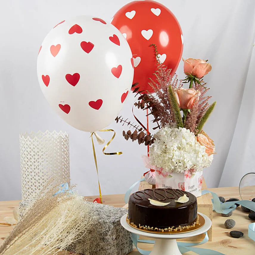 Anniversary Flowers Grace Bundle with Chocolate Cake and Balloons