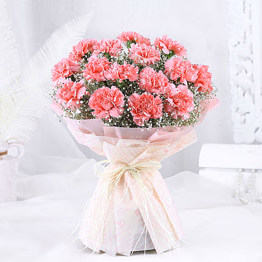 Pink Carnation Elegance Bouquet with Ganesha Rakhi