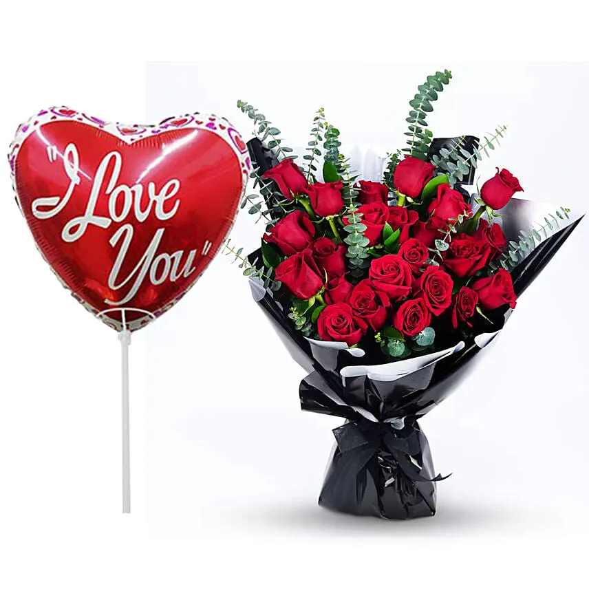24 Red Rose Bouquet With Balloons