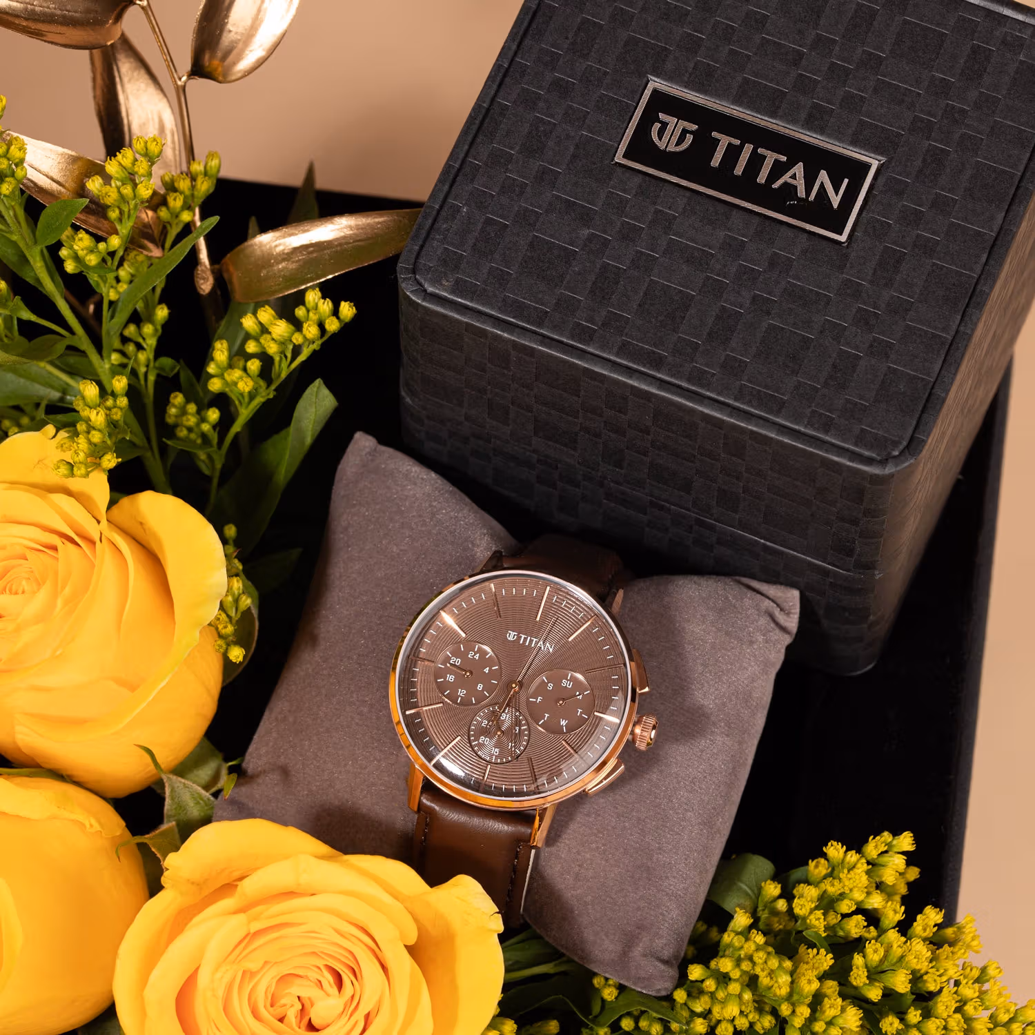 Titan Light Leather Multifunction Brown Dial Watch with Yellow Rose Charm for Men