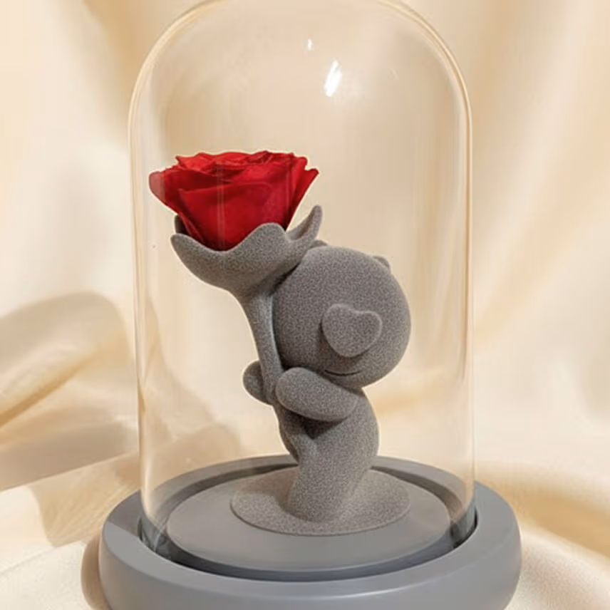 Red Rose and Teddy Glass Dome for Valentine's