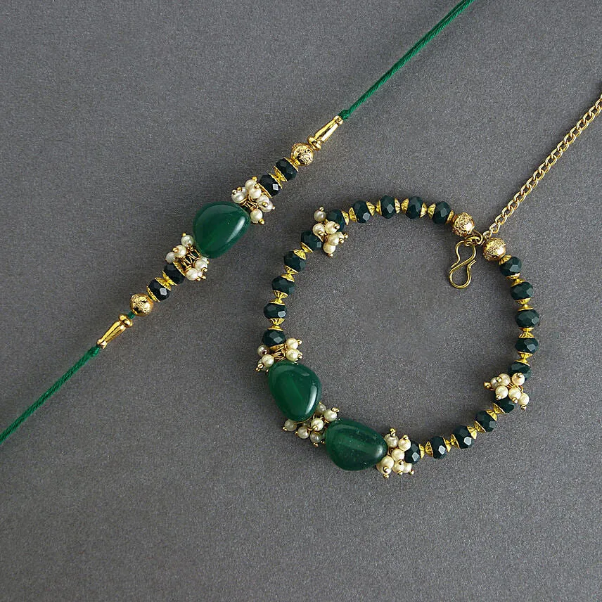 Enchanted Stone Work Lumba Pearl Rakhi Set N Sweet Treat