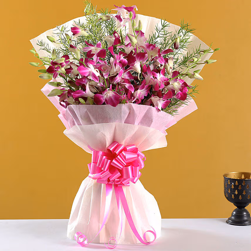 Ten Purple Orchids Bouquet With Balloons