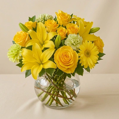 Happy Flowers In Bowl Arrangement
