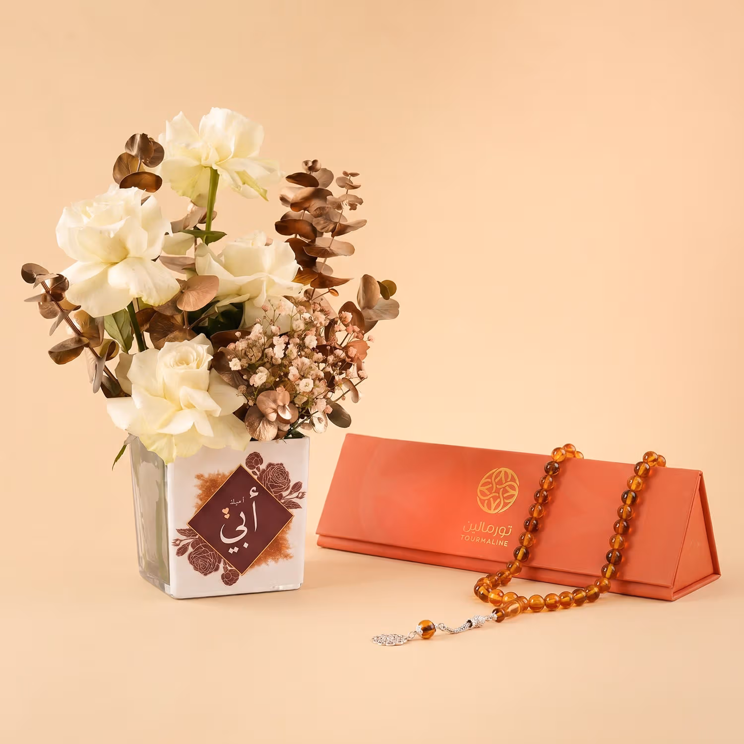 Luxurious Flower Vase with Elegant Amber Prayer Beads (Misbaha)