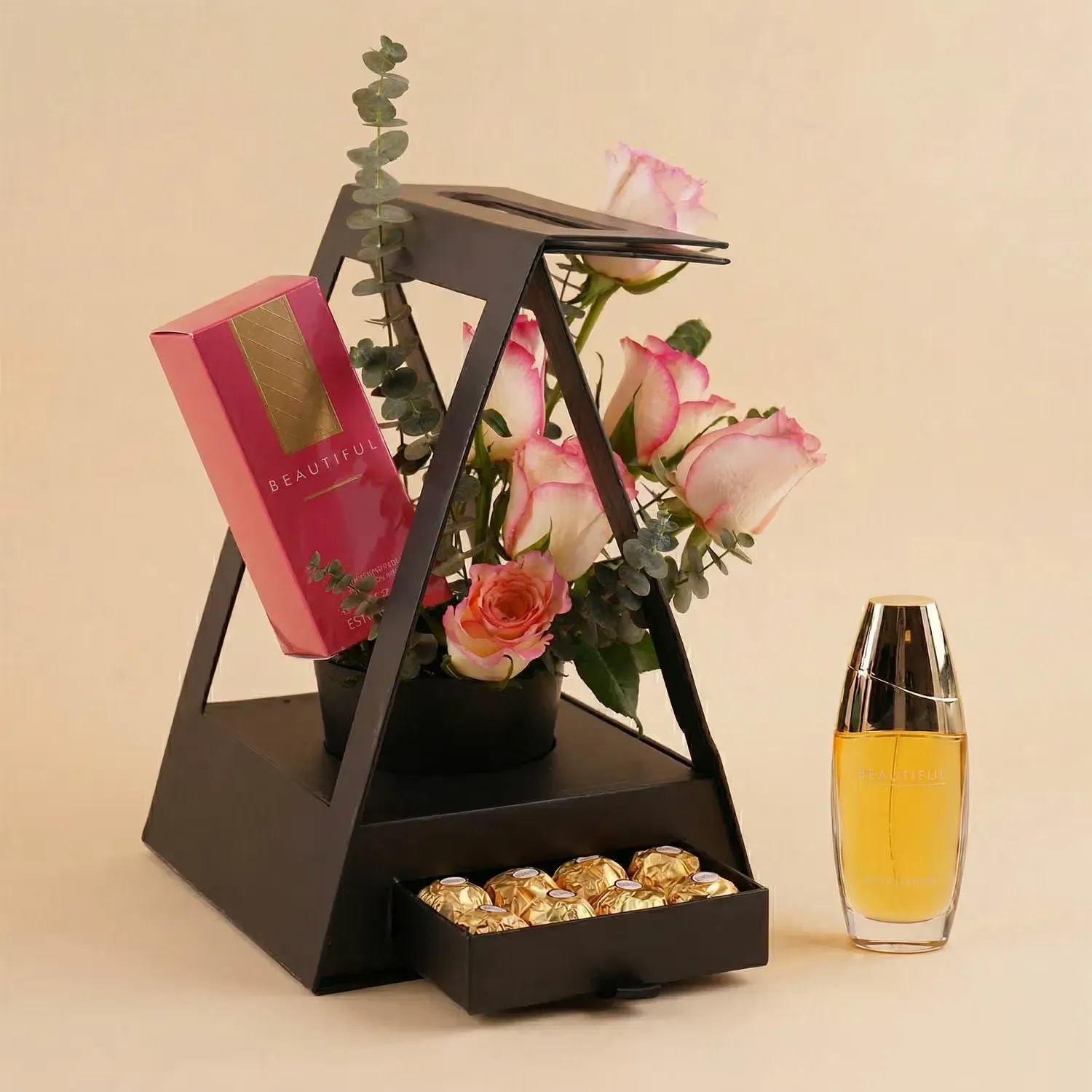 Elegant Gift Set: Pink Roses, Ferrero Rocher & Estee Lauder Perfume