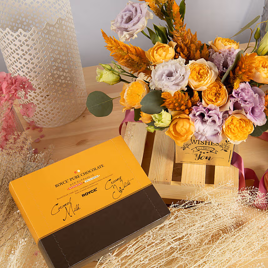 Best Wishes Flowers Arrangement with Royce Chocolates