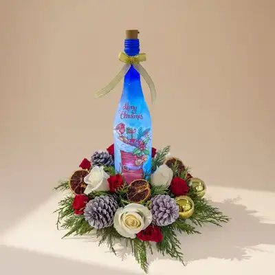 Festive Christmas Floral Arrangement with Illuminated Bottle