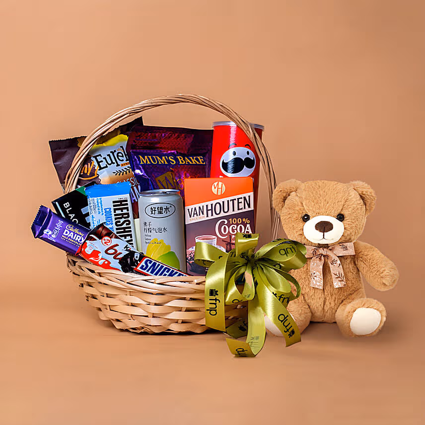 Exotic Chocolates Brown Willow Basket With Teddy