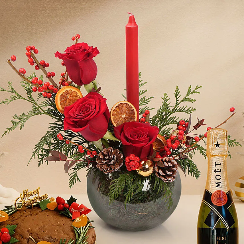 Elegant Christmas Candle Floral Bowl - Moet Mini and Plum Cake Bundle